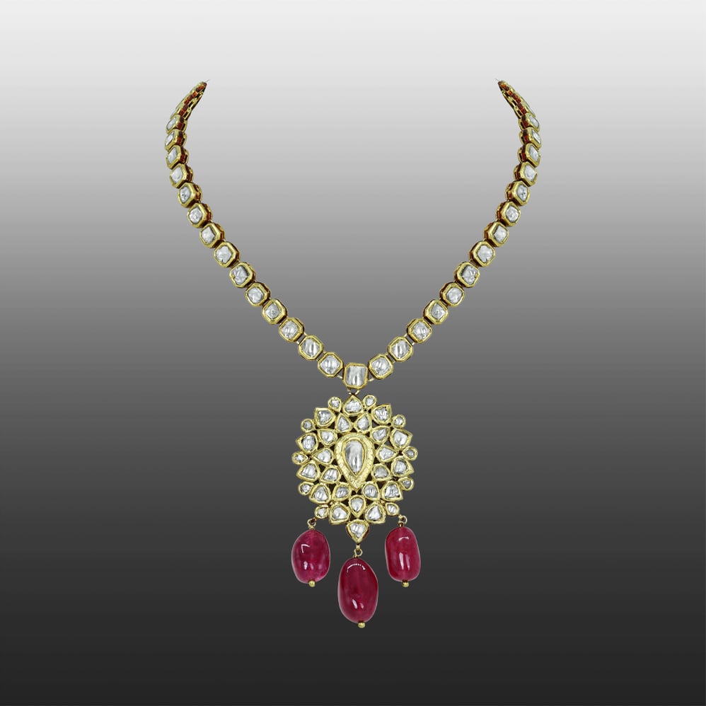 Polki Diamond Necklace with Floral Pendant and Tourmaline Drops